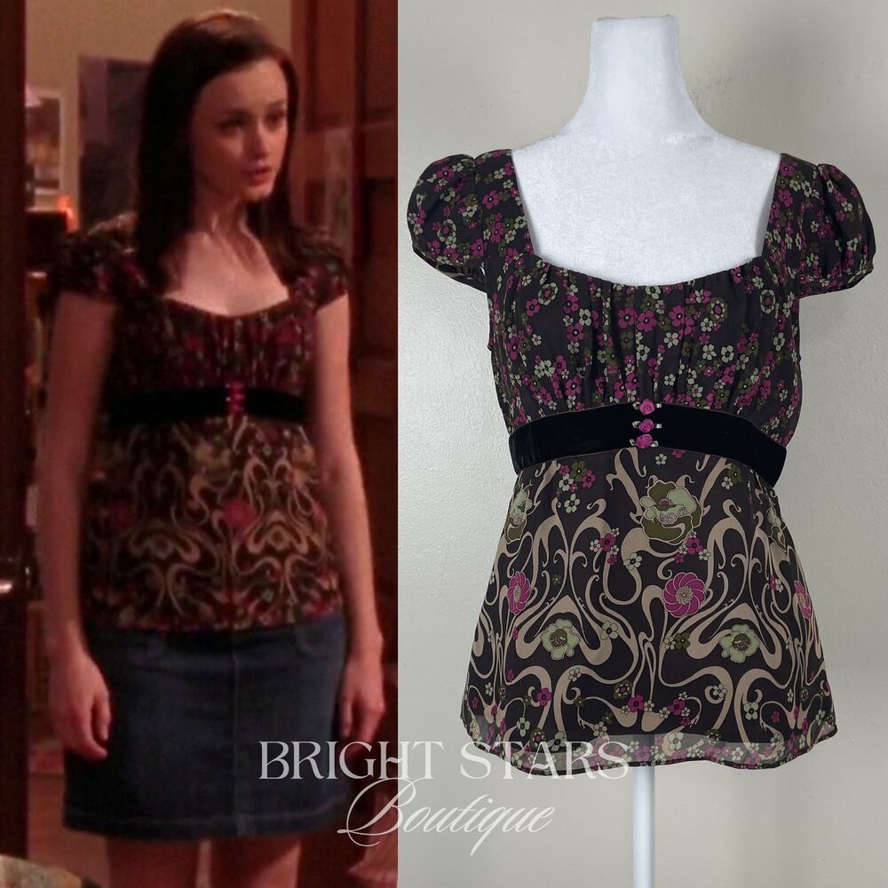 Rare Vintage Silk Floral Top ASO Rory Gilmore Girls Brown Pink Blouse Cap Sleeve